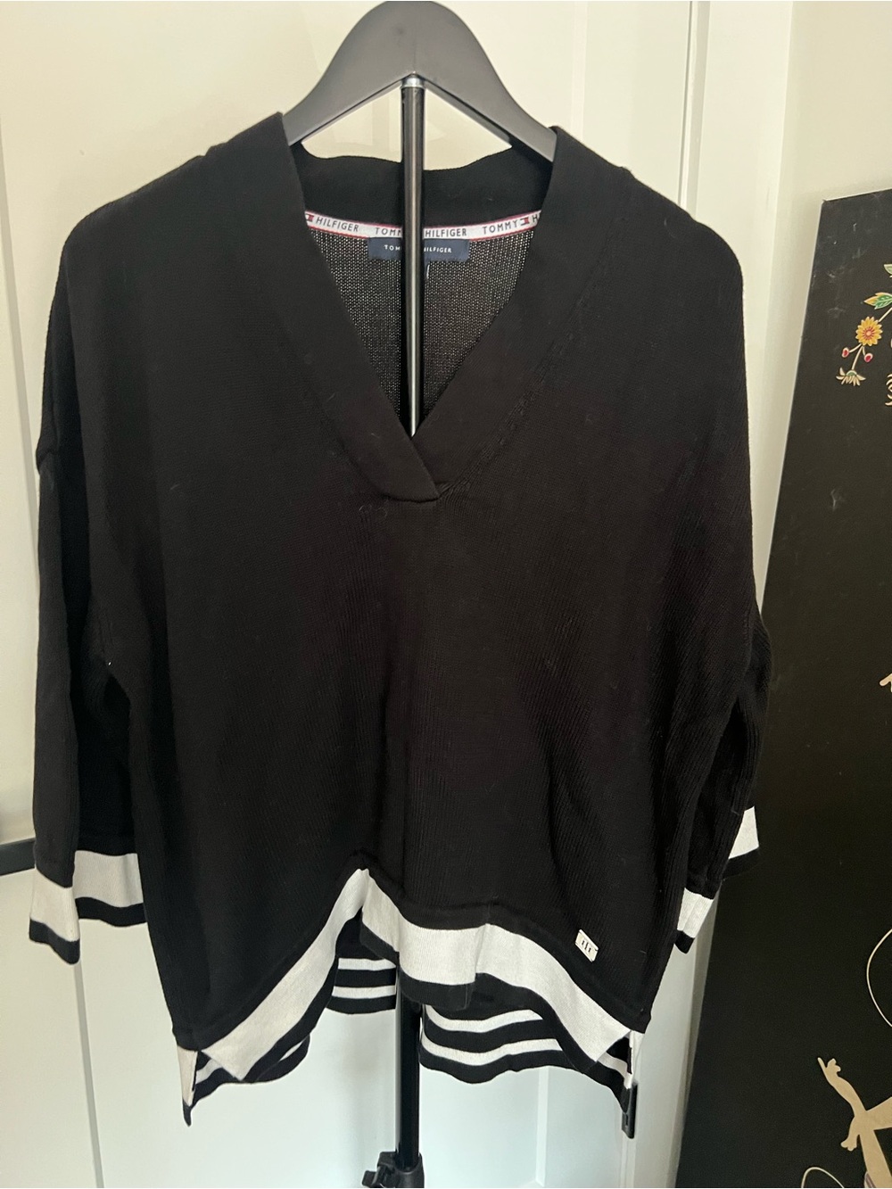 Tommy Hilfiger Black V-Neck Sweater with White Stripe Hem
